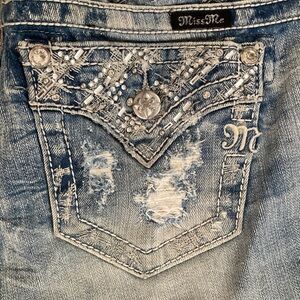 Miss Me Skinny Jeans w/ FUN Crystal-stitched,  Embellished & Distressed Pockets